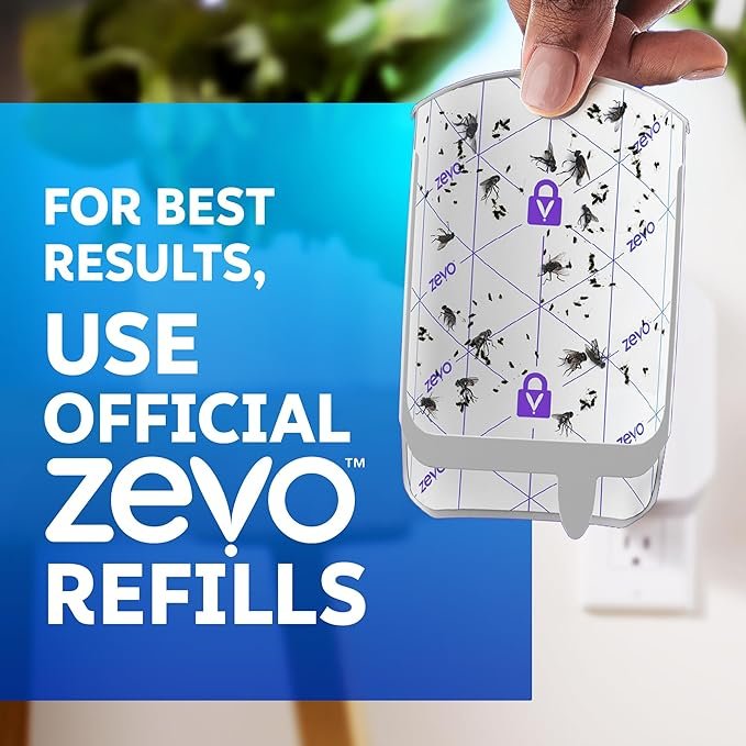 Zevo 4 Flying Insect Traps & 4 Cartridges - Plug In Fly Trap & Indoor Bug Catcher for Gnats, House & Fruit Flies - Mess-Free - Use in Any Room - Uses Blue & UV Light (4 Plug In Devices & 4 Cartridges)