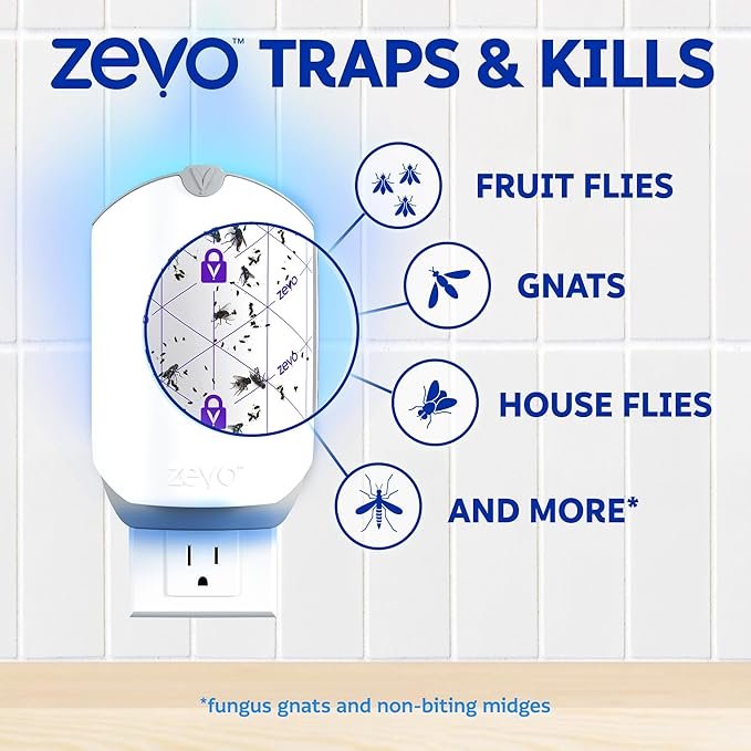 Zevo 4 Flying Insect Traps & 4 Cartridges - Plug In Fly Trap & Indoor Bug Catcher for Gnats, House & Fruit Flies - Mess-Free - Use in Any Room - Uses Blue & UV Light (4 Plug In Devices & 4 Cartridges)