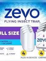 Zevo 4 Flying Insect Traps & 4 Cartridges - Plug In Fly Trap & Indoor Bug Catcher for Gnats, House & Fruit Flies - Mess-Free - Use in Any Room - Uses Blue & UV Light (4 Plug In Devices & 4 Cartridges)