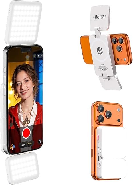 Ulanzi GL01 Magnetic Selfie Light – Dual LED Fill Light for Top/Bottom of Phone, Retractable Arm, Dimmable (2500K-6500K), Portable Vlog Light; Compatible with iPhone 17 Pro and smaller models (Not compatible with Pro Max) – White