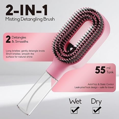 Spray Hair Brush with Fine Continuous Mist for Frizz & Static Control, 2-in-1 Detangling Hair Brush for Dry, Flyaway & Tangled Hair, Wet or Dry Styling Brush for Women, Pink
