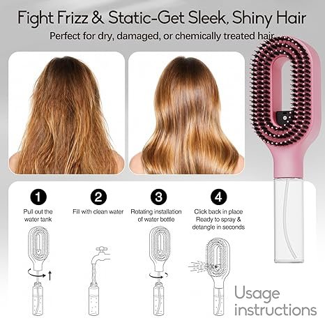Spray Hair Brush with Fine Continuous Mist for Frizz & Static Control, 2-in-1 Detangling Hair Brush for Dry, Flyaway & Tangled Hair, Wet or Dry Styling Brush for Women, Pink