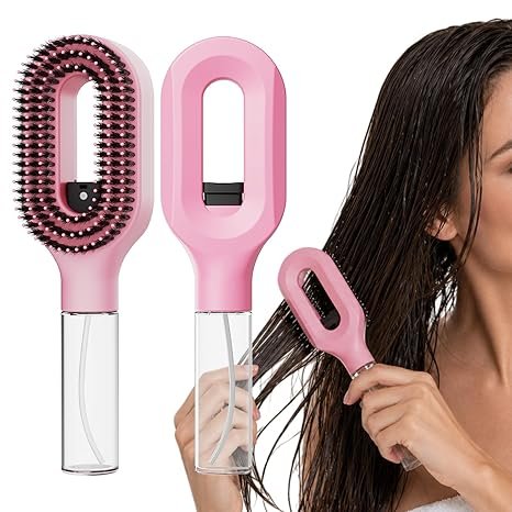 Spray Hair Brush with Fine Continuous Mist for Frizz & Static Control, 2-in-1 Detangling Hair Brush for Dry, Flyaway & Tangled Hair, Wet or Dry Styling Brush for Women, Pink