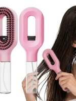 Spray Hair Brush with Fine Continuous Mist for Frizz & Static Control, 2-in-1 Detangling Hair Brush for Dry, Flyaway & Tangled Hair, Wet or Dry Styling Brush for Women, Pink