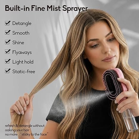 Spray Hair Brush with Fine Continuous Mist for Frizz & Static Control, 2-in-1 Detangling Hair Brush for Dry, Flyaway & Tangled Hair, Wet or Dry Styling Brush for Women, Pink