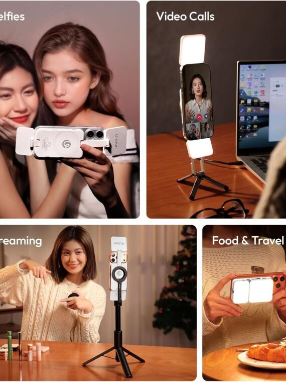 Ulanzi GL01 Magnetic Selfie Light – Dual LED Fill Light for Top/Bottom of Phone, Retractable Arm, Dimmable (2500K-6500K), Portable Vlog Light; Compatible with iPhone 17 Pro and smaller models (Not compatible with Pro Max) – White