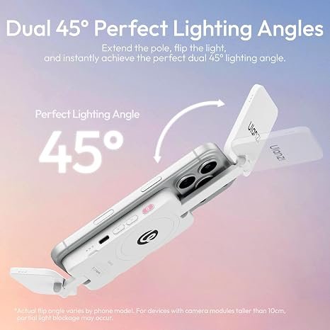 Ulanzi GL01 Magnetic Selfie Light – Dual LED Fill Light for Top/Bottom of Phone, Retractable Arm, Dimmable (2500K-6500K), Portable Vlog Light; Compatible with iPhone 17 Pro and smaller models (Not compatible with Pro Max) – White