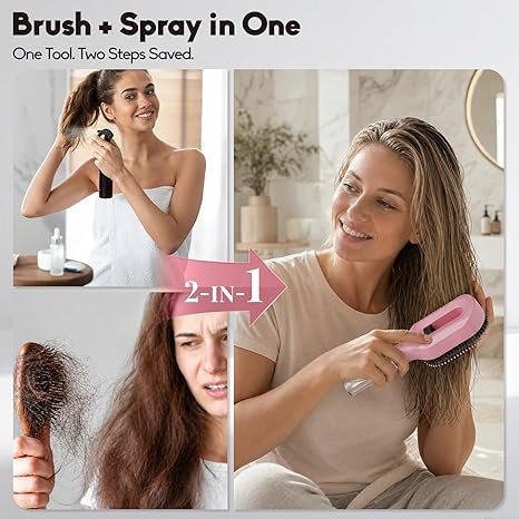 Spray Hair Brush with Fine Continuous Mist for Frizz & Static Control, 2-in-1 Detangling Hair Brush for Dry, Flyaway & Tangled Hair, Wet or Dry Styling Brush for Women, Pink