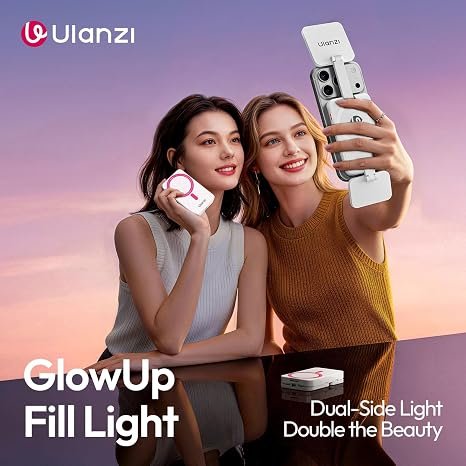 Ulanzi GL01 Magnetic Selfie Light – Dual LED Fill Light for Top/Bottom of Phone, Retractable Arm, Dimmable (2500K-6500K), Portable Vlog Light; Compatible with iPhone 17 Pro and smaller models (Not compatible with Pro Max) – White