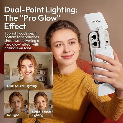 Ulanzi GL01 Magnetic Selfie Light – Dual LED Fill Light for Top/Bottom of Phone, Retractable Arm, Dimmable (2500K-6500K), Portable Vlog Light; Compatible with iPhone 17 Pro and smaller models (Not compatible with Pro Max) – White