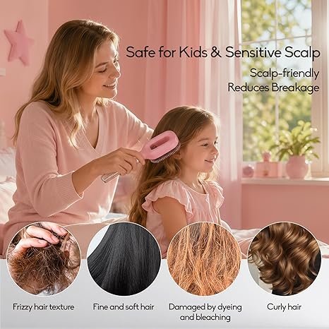 Spray Hair Brush with Fine Continuous Mist for Frizz & Static Control, 2-in-1 Detangling Hair Brush for Dry, Flyaway & Tangled Hair, Wet or Dry Styling Brush for Women, Pink