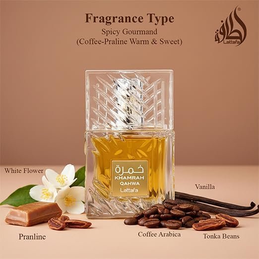 Lattafa Khamrah Qahwa -Vanilla, warm spice, cinnamon, sweet – Long-lasting Eau de Toilette, unisex, 3.4 oz / 100 ml.